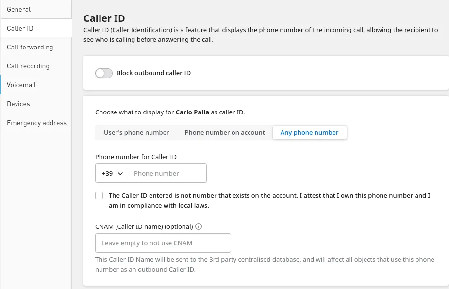 Impostazione Caller ID nella pagina dell’utente