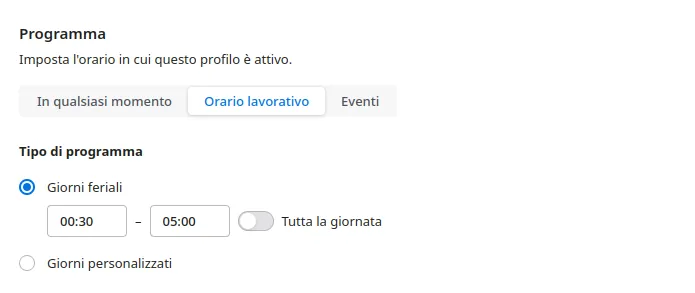 Opzioni di programmazione del profilo di inoltro