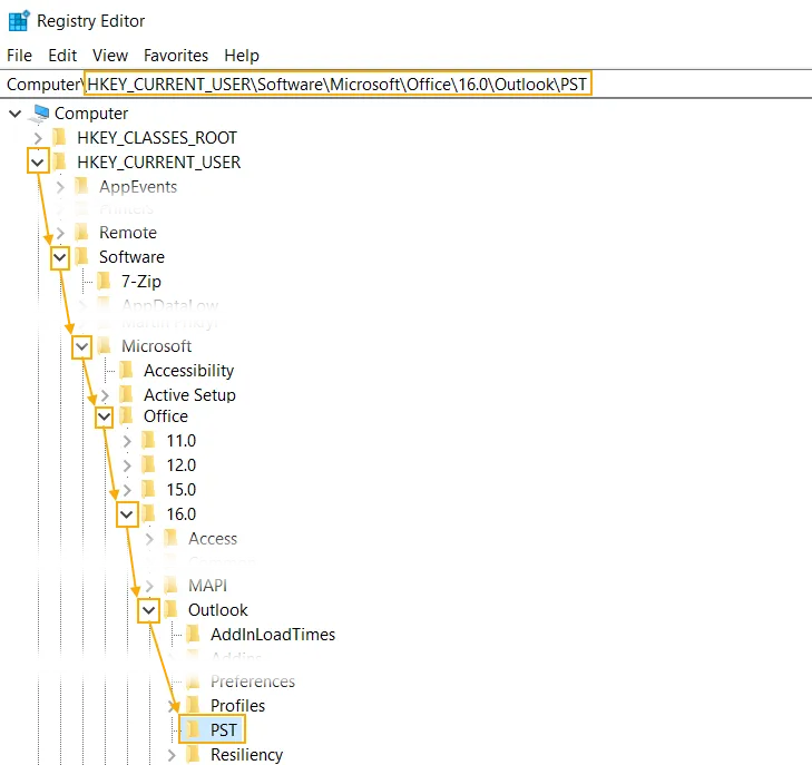 Chiave PST di Outlook nell’Editor del Registro di sistema