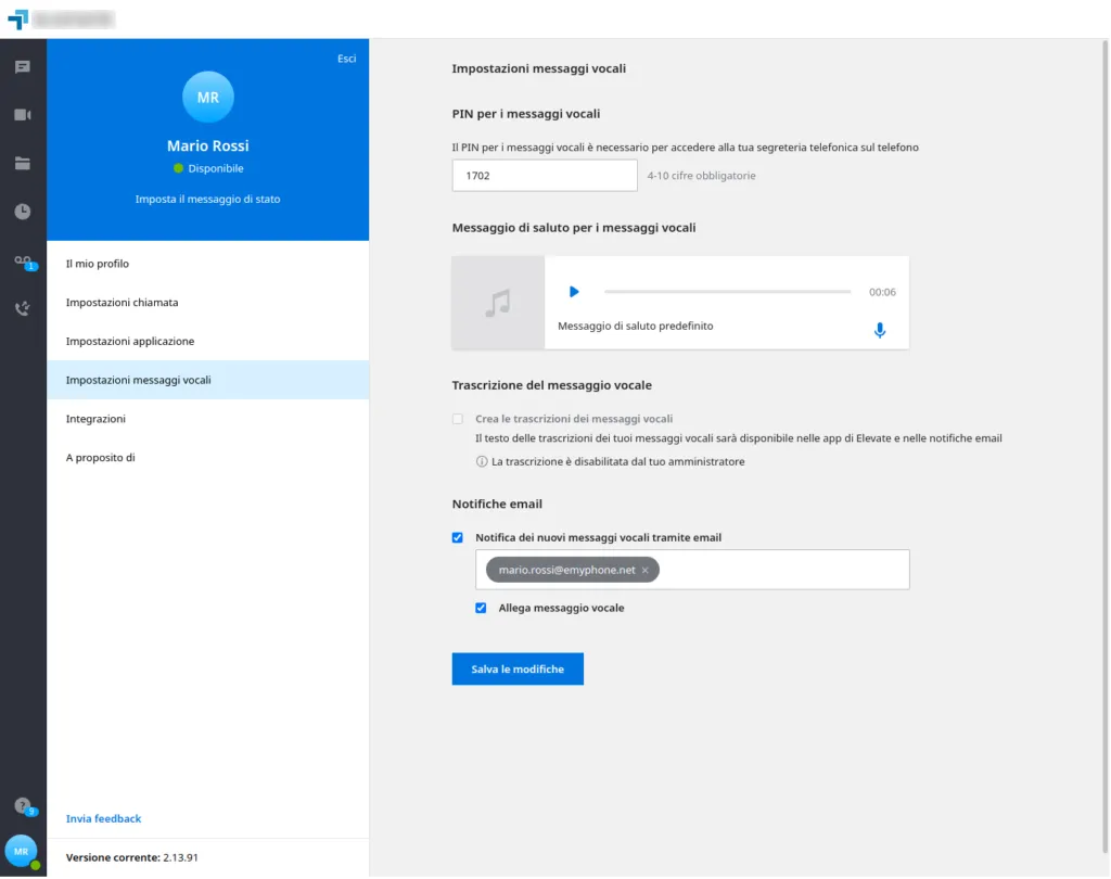 Pannello Impostazioni messaggi vocali