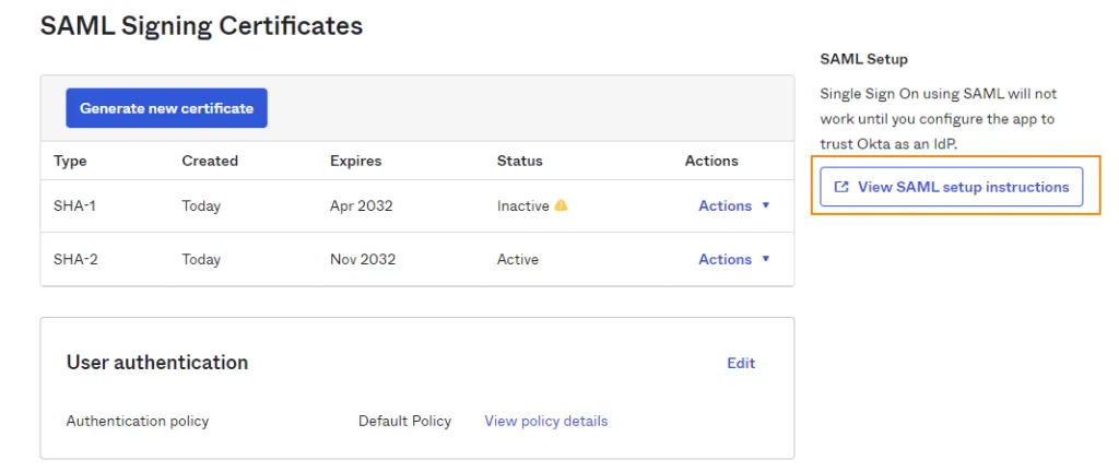 Sezione SAML Signing Certificates con il pulsante View SAML setup instructions