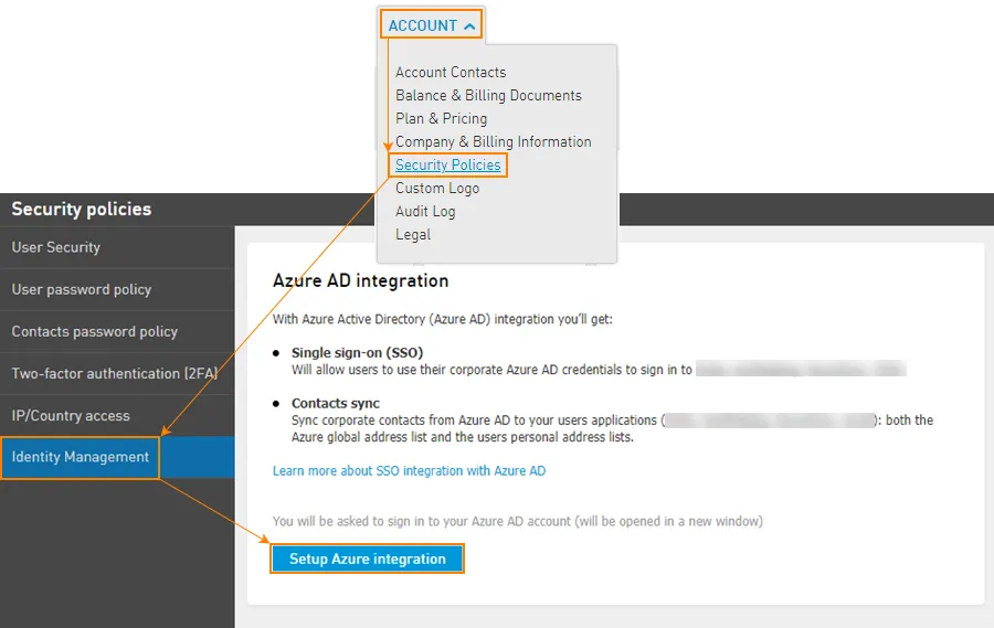 Pagina Gestione delle identità con l’opzione di integrazione Azure