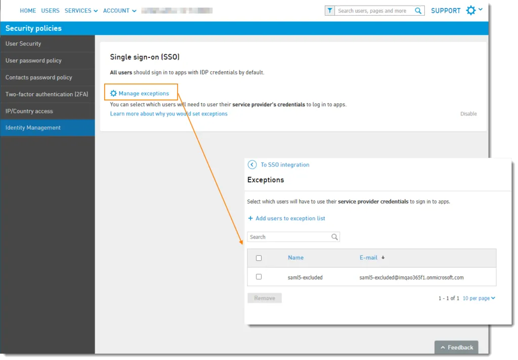 Gestione delle eccezioni degli utenti esclusi dall’SSO