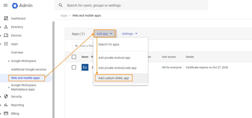 Menu Aggiungi applicazione SAML personalizzata nella console di amministrazione Google