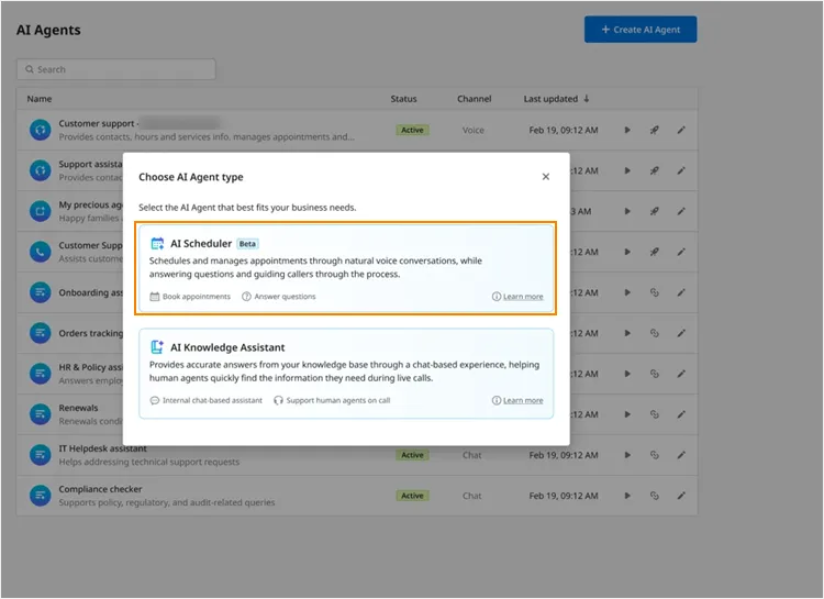 Schermata di selezione del tipo di AI Agent