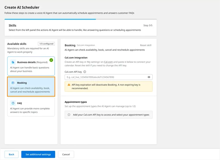 Impostazioni della skill Booking
