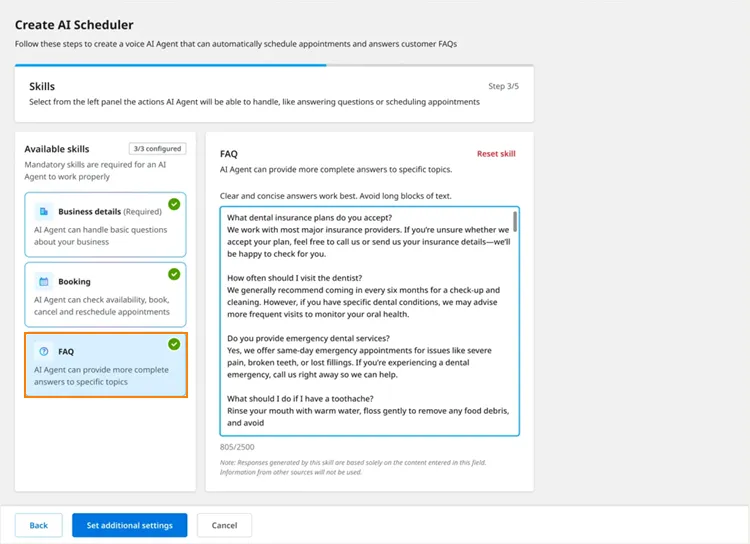 Impostazioni della skill FAQ