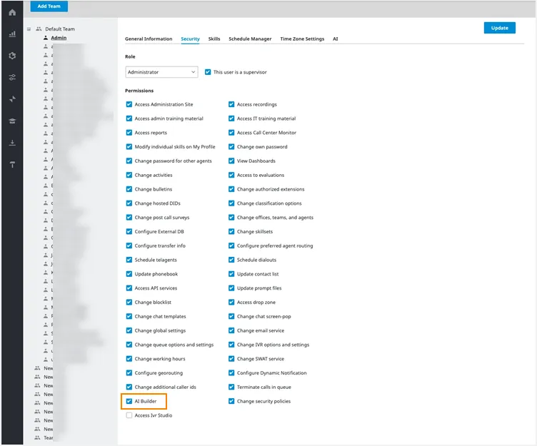 Scheda Security dell’agente con la casella AI Builder