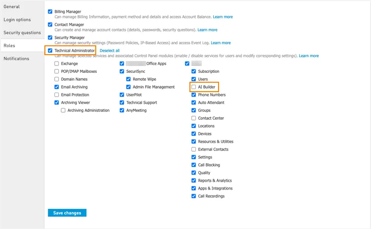 Ruolo Technical Administrator e casella AI Builder nei contatti dell’account