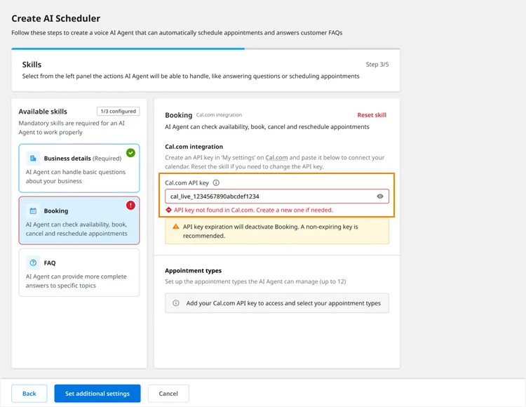 Errore di collegamento a Cal.com mostrato in AI Builder