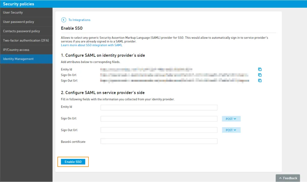 Pulsante Abilita SSO nella pagina di impostazione del SAML SSO
