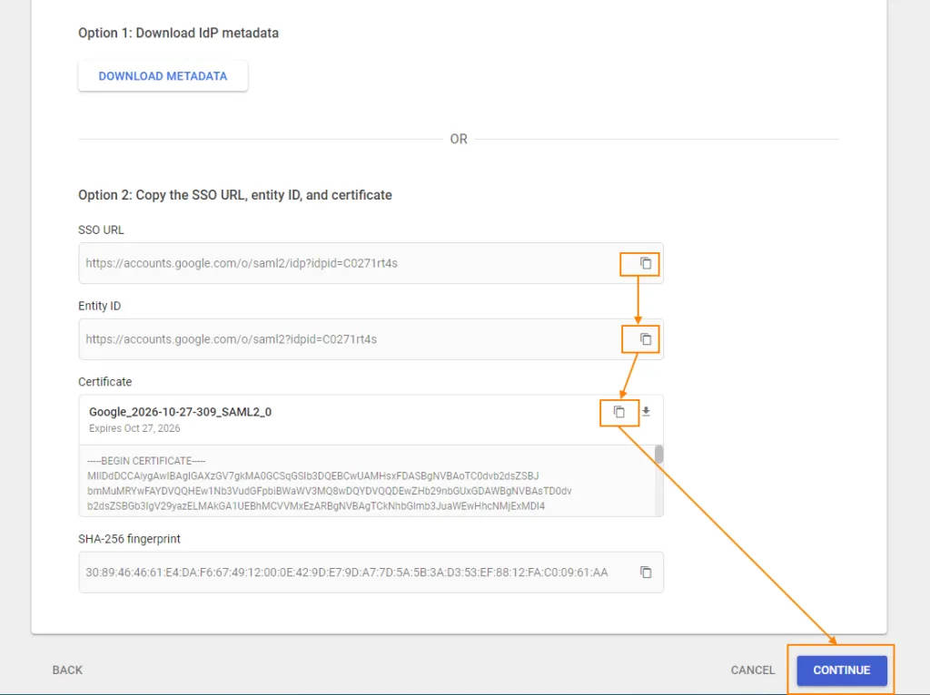 Dettagli dell’Identity Provider Google: URL SSO, ID entità e certificato