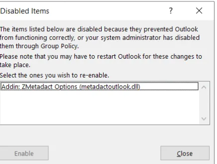 Metadact per Outlook si disabilita in Windows 11