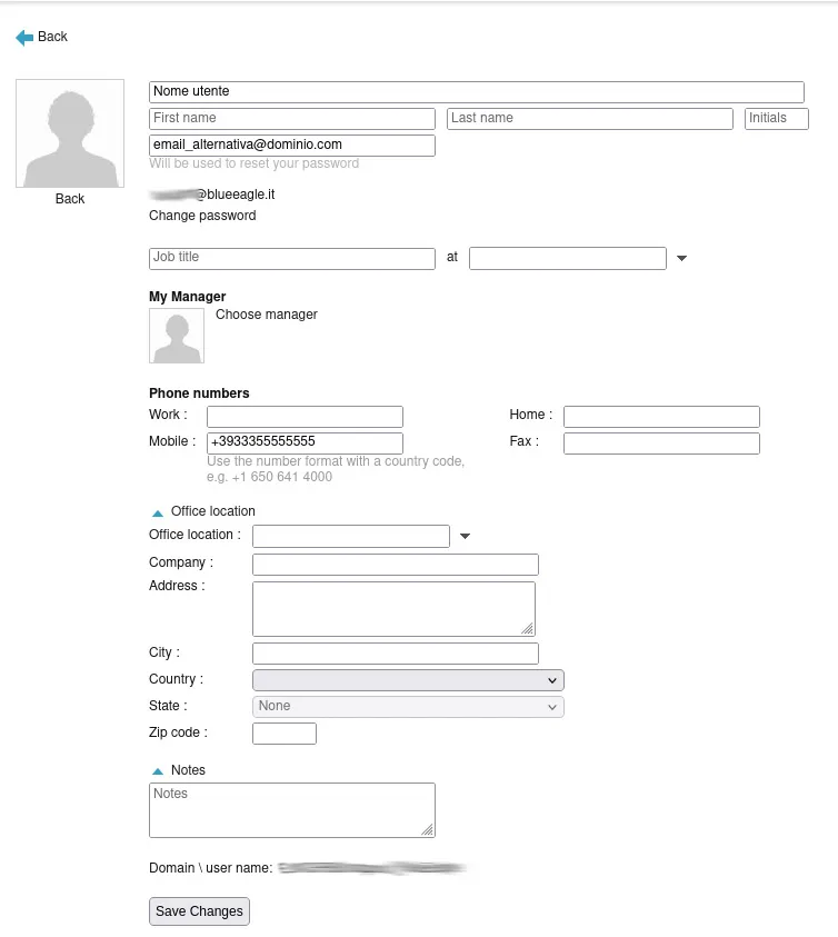 Schermata principale di My Services con i campi per i metodi di ripristino