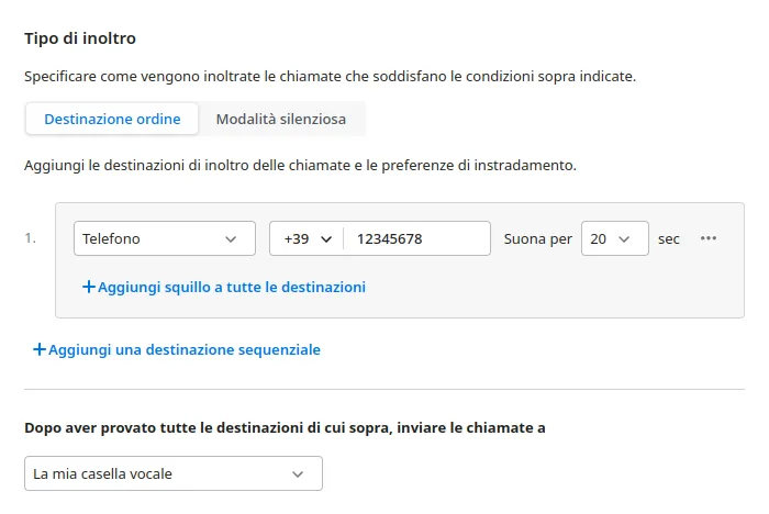Opzione Destinazione ordine con le regole personalizzate