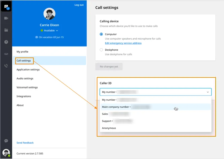 Elenco dei numeri disponibili come ID chiamante nell’app desktop EagleMercury