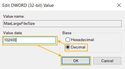 Impostazione del valore decimale di MaxLargeFileSize