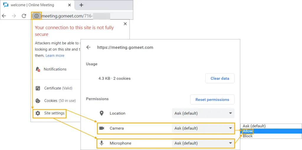 Impostazioni sito di Chrome con microfono e fotocamera impostati su Consenti