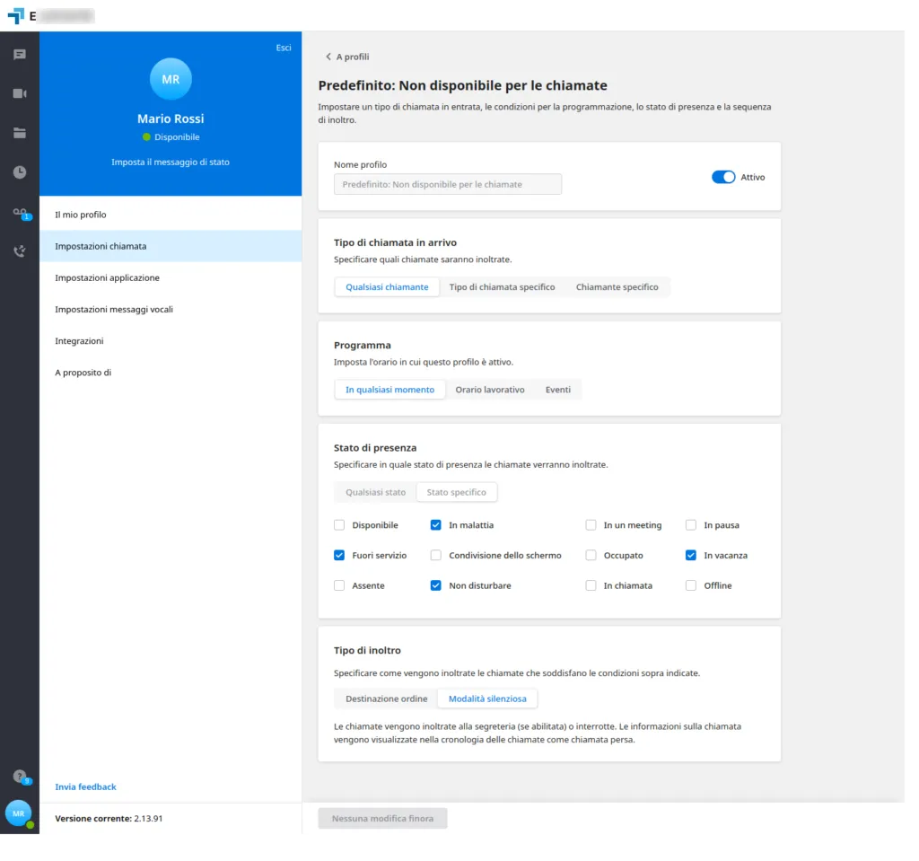 Profilo di inoltro Predefinito: Non disponibile per le chiamate