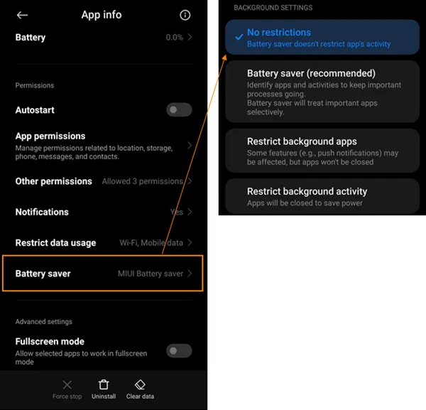 Impostazione Risparmio batteria su Nessuna restrizione su Xiaomi