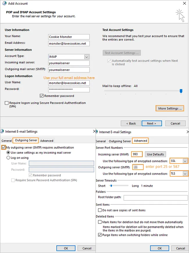 Schermata di completamento della configurazione dell’account in Outlook