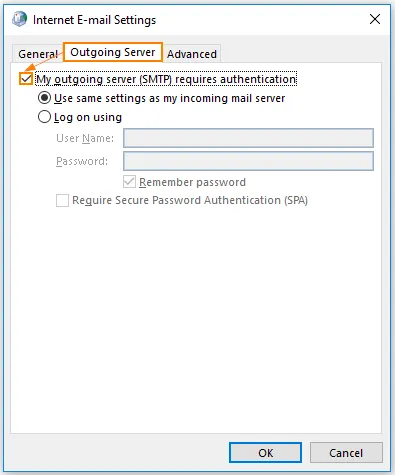 Opzione di autenticazione del server della posta in uscita