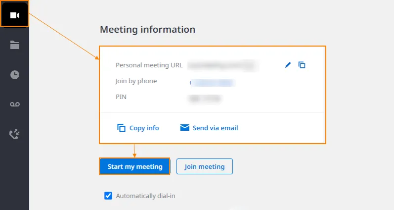 Scheda Riunione dell’app desktop EagleMercury con il pulsante Avvia nuova riunione