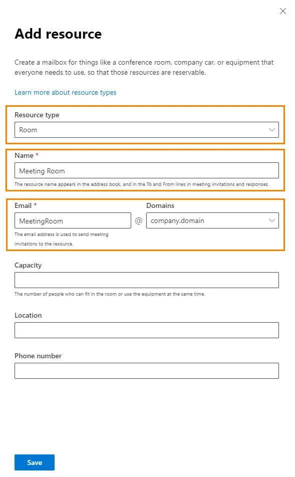 Modulo di creazione della risorsa stanza in Microsoft 365