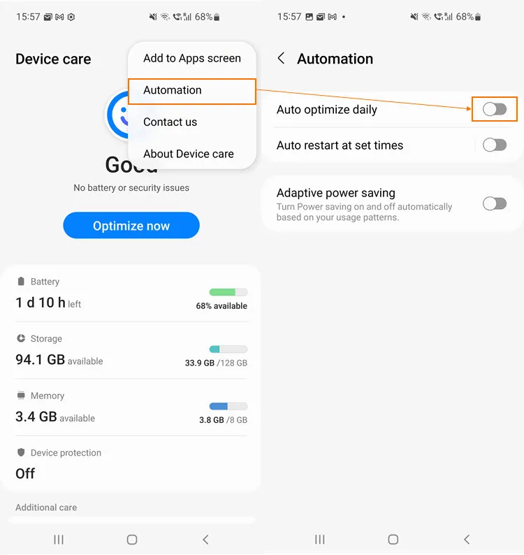 Impostazione Ottimizzazione automatica giornaliera su Samsung