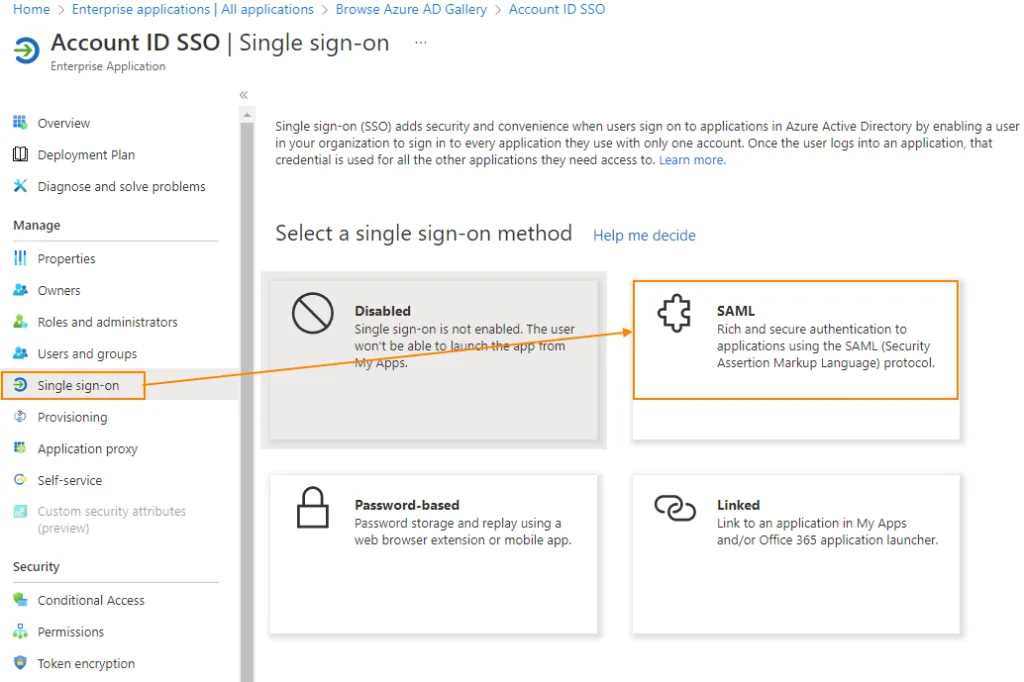 Scelta del metodo SAML nella sezione Single Sign-On di Azure