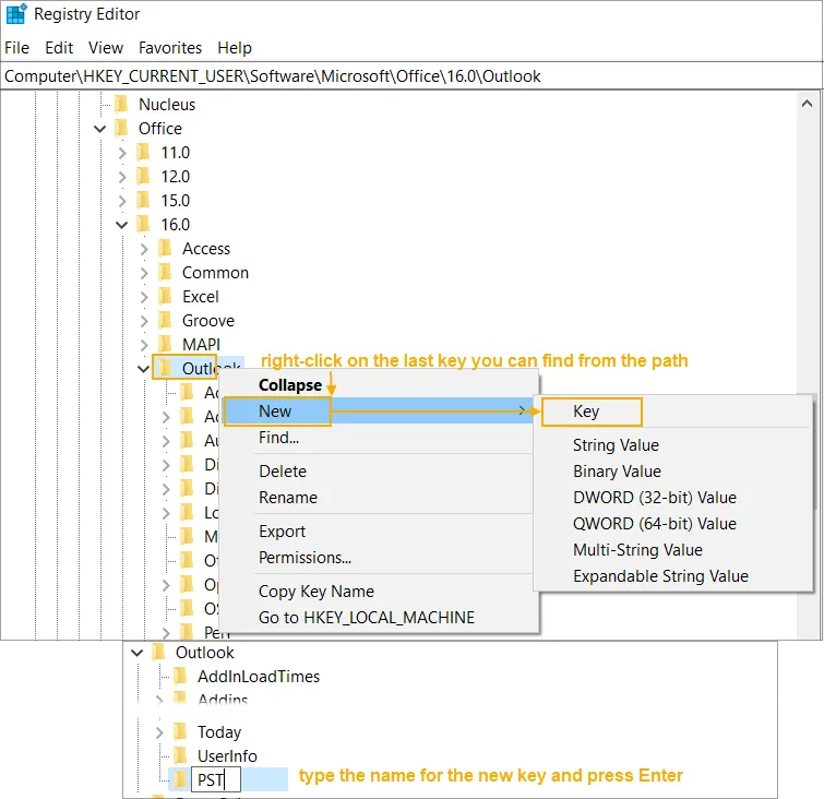 Creazione della chiave PST nell’Editor del Registro di sistema