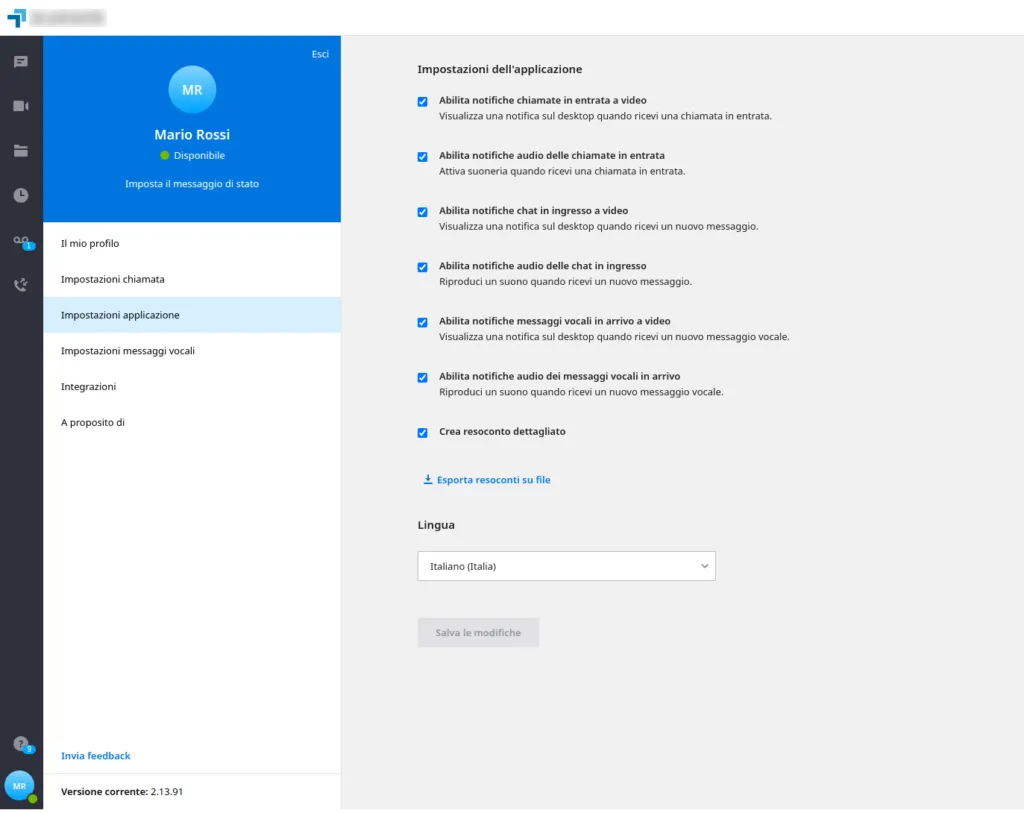 Pannello Impostazioni applicazione