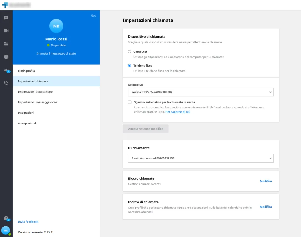 Pagina Impostazioni chiamata dell’app desktop EagleMercury