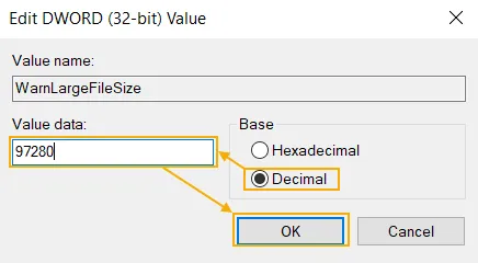 Impostazione del valore di WarnLargeFileSize