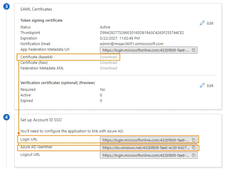 Sezione con URL di accesso e Identificatore di Azure AD