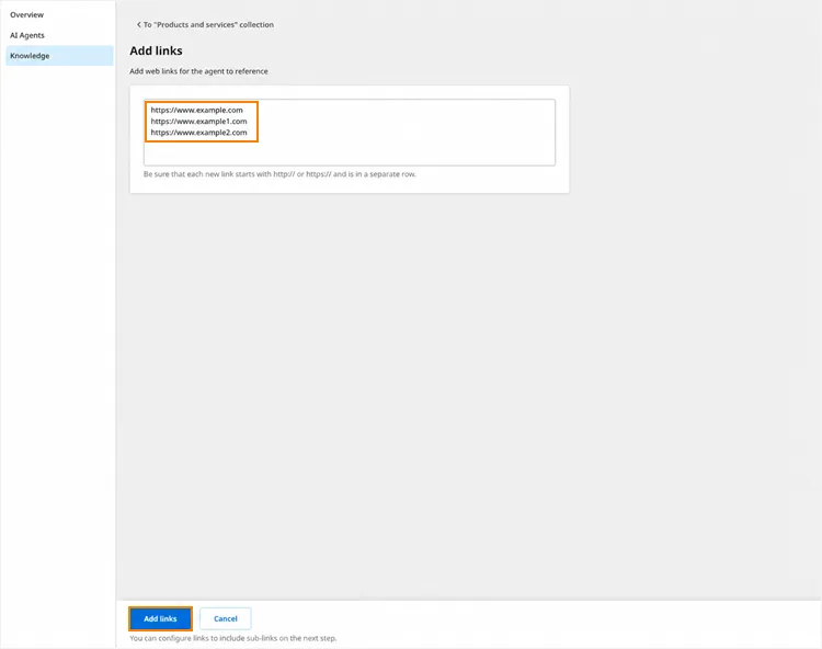 Finestra di inserimento dei link alle pagine web