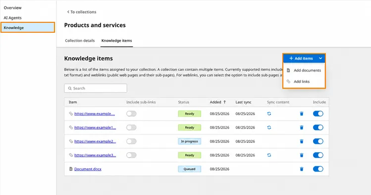 Pagina con l’opzione Add items