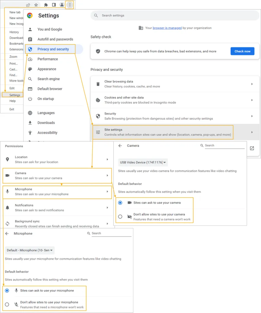 Sezione Autorizzazioni delle impostazioni sito di Chrome