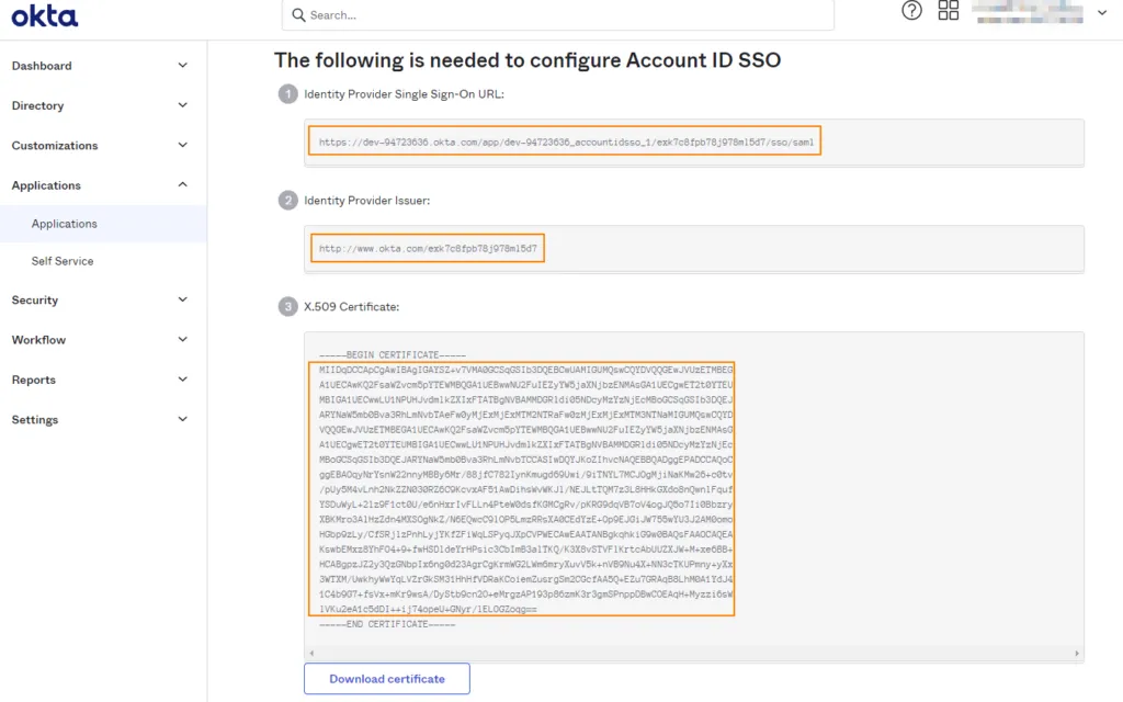 Istruzioni di configurazione SAML di Okta con URL, Issuer e certificato