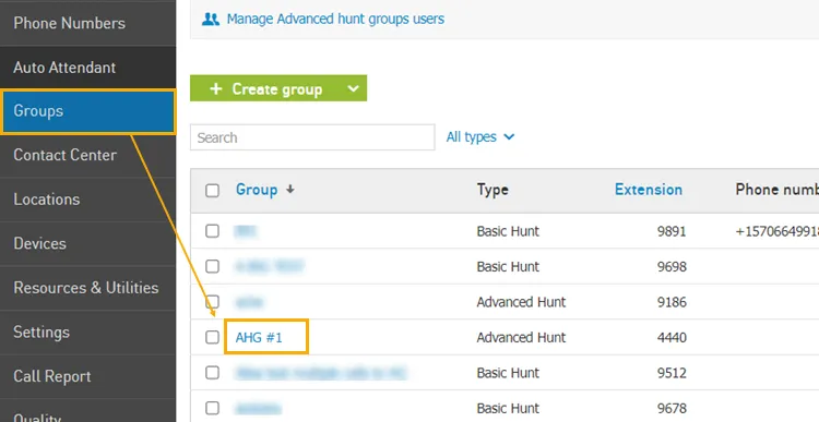 Pagina di un Advanced Hunt Group