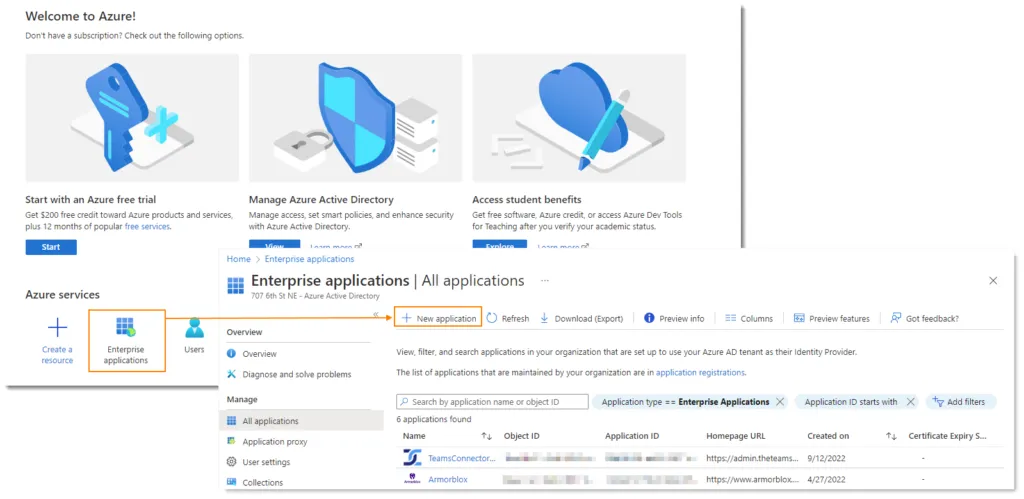 Pulsante Nuova applicazione in Applicazioni aziendali di Azure