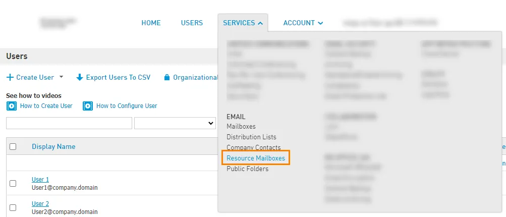 Voce Resource Mailboxes nel menu Services