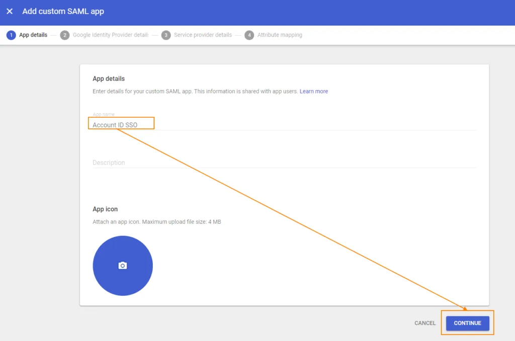 Campo del nome della nuova applicazione SAML in Google