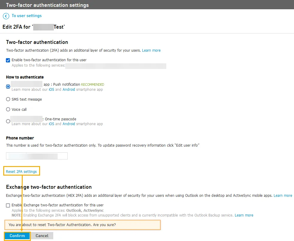 Pulsante Reset 2FA