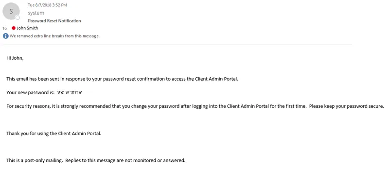 Email di notifica della reimpostazione della password