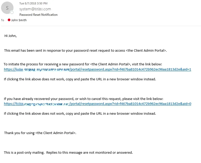 Email di reimpostazione della password