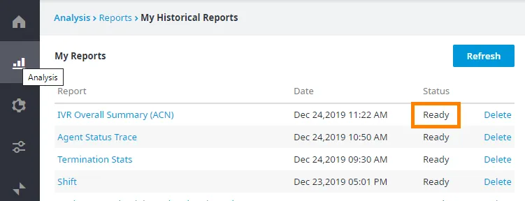 Report pronto (Ready) nella pagina My Reports