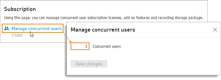 Il pulsante Manage concurrent users nella scheda Subscriptions