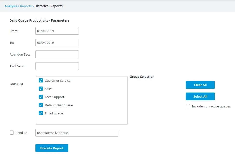 Parametri del report Daily Queue Productivity