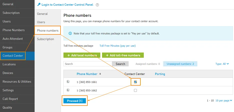 La selezione di un numero da assegnare al Contact Center
